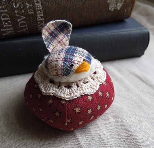 Small Americana Bird Pincushion Rustic Red White and Blue