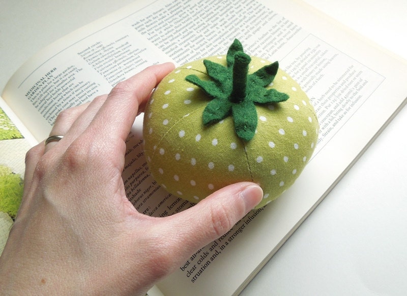 Light Green Polka Dot Tomato Pincushion