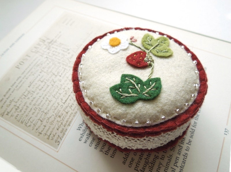 Wild Strawberry Botanical Embroidered Wool Felt Pincushion