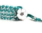 Turquoise Leather Chain Bracelet  Enamel Flower. Deerskin chain cuff  Teal Summer 2013