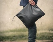 Oversized Leather Clutch Black 13.5 inch, every day clutch