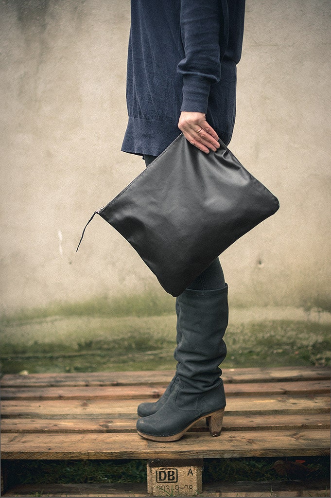 Oversized Leather Clutch Black 13.5 inch, every day clutch
