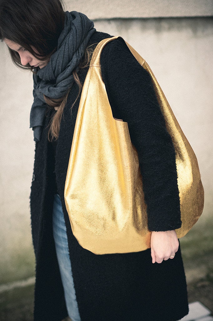 Gold Leather Hobo Bag, every day bag, tote bag