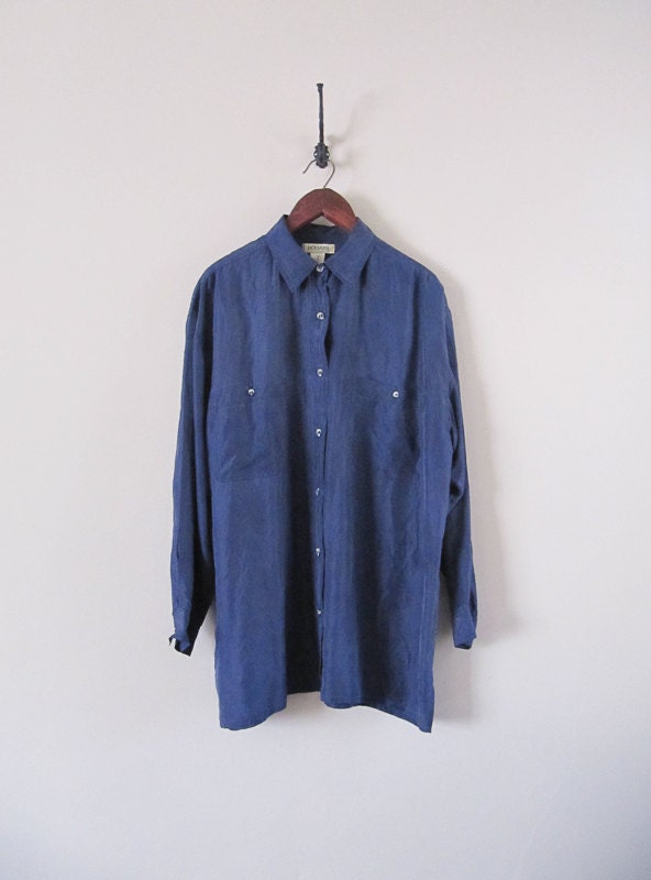 dark silk button down shirt / oversized silk shirt / 90s vintage top