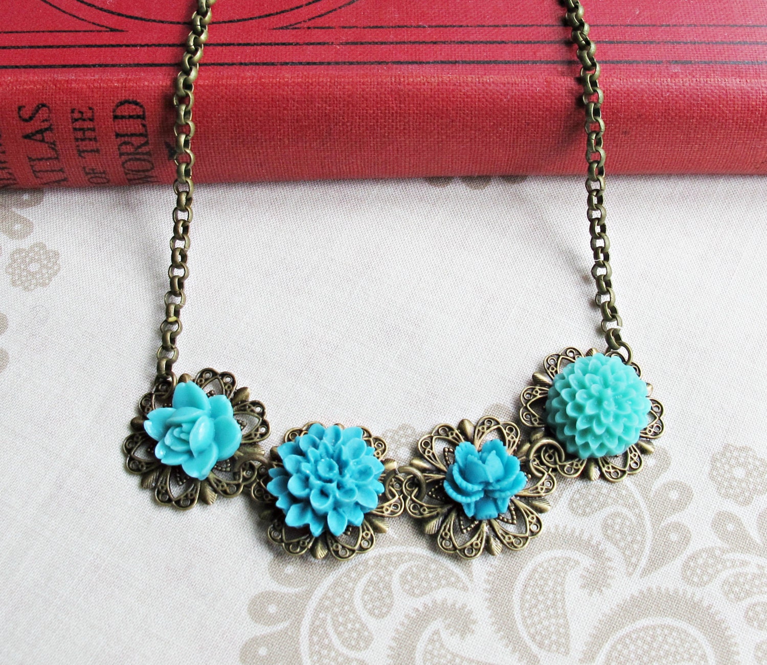 Thalassa Necklace Flower Cabochon Turquoise Blue Brass Brown Cute Charm Jewellery by dspdavey on Etsy - dspdavey