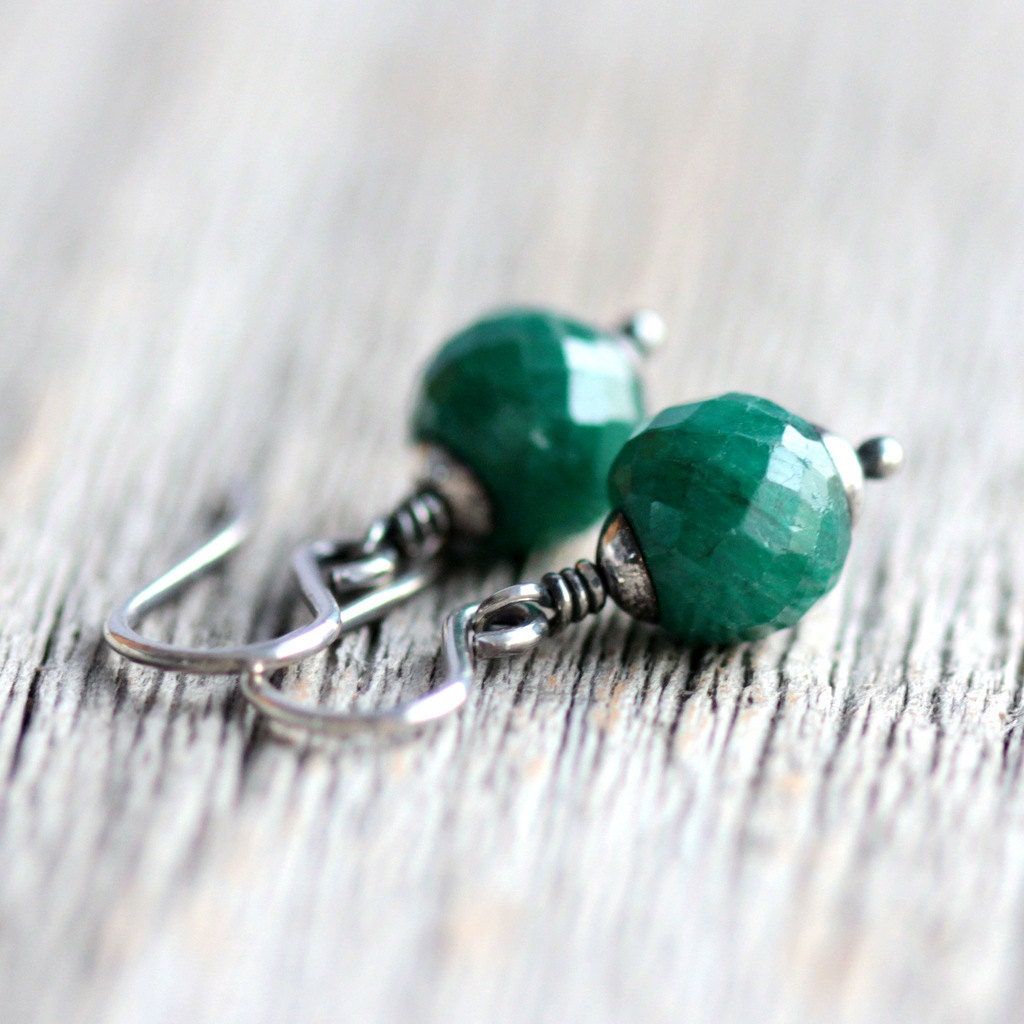 Emerald Gemstone Earrings on Sterling Silver Ear Wires - May Birthstone Dangle Earrings