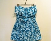 ON SALE Vintage Teal Floral Strapless Romper with Ruffle
