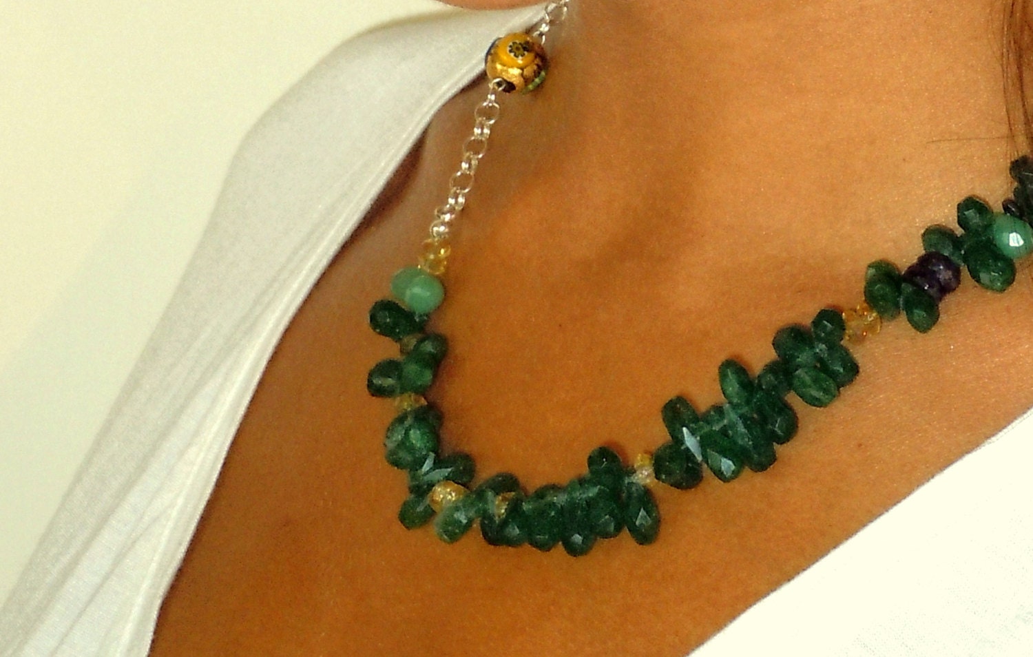 Adventurine, amethyst, hand blown german glass bead with cut glass, sterling silver chain necklace..