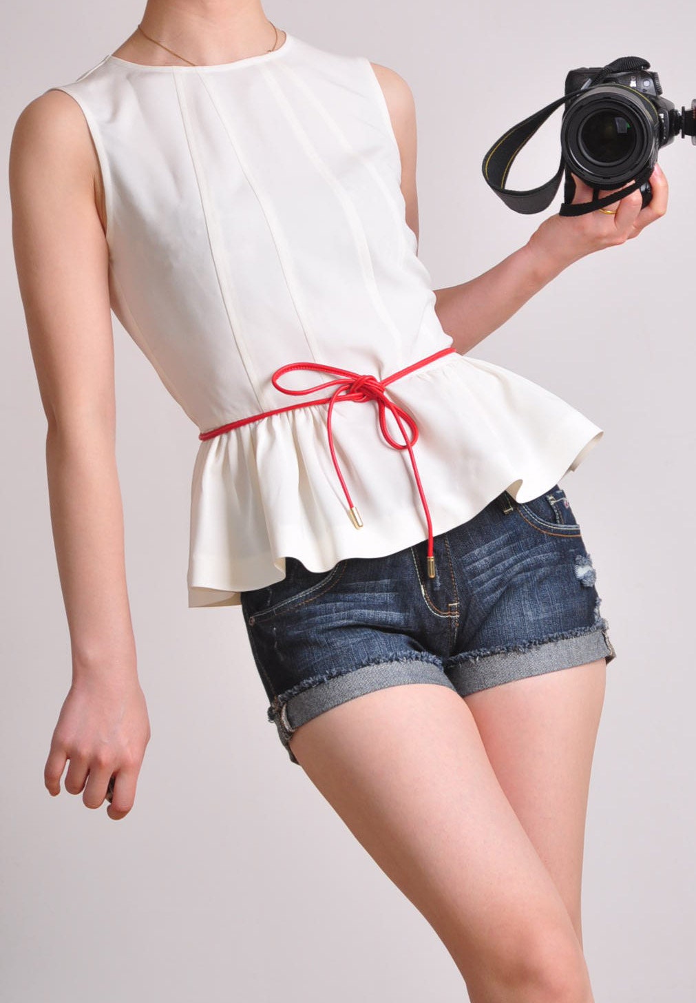 White Heavy Weight Pure Silk Sleeveless Peplum Frill Blouse