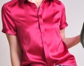 Wine Red Heavy Weight Pure Stretch Silk Satin Concealed Buttons Short Sleeves Shirt