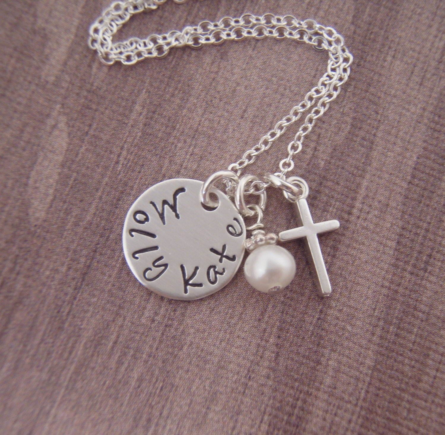 First communion necklace - Girl's name and cross necklace - Petite 7/16" Sterling Silver name necklace