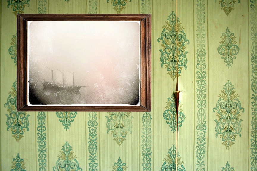 Dreamy Pirate Ship Photo "Ghost Ship" Fine Art Nautical Photograph - Surreal Ocean Boat - Foggy Sea Sky - Grey Pastel Muted Pink