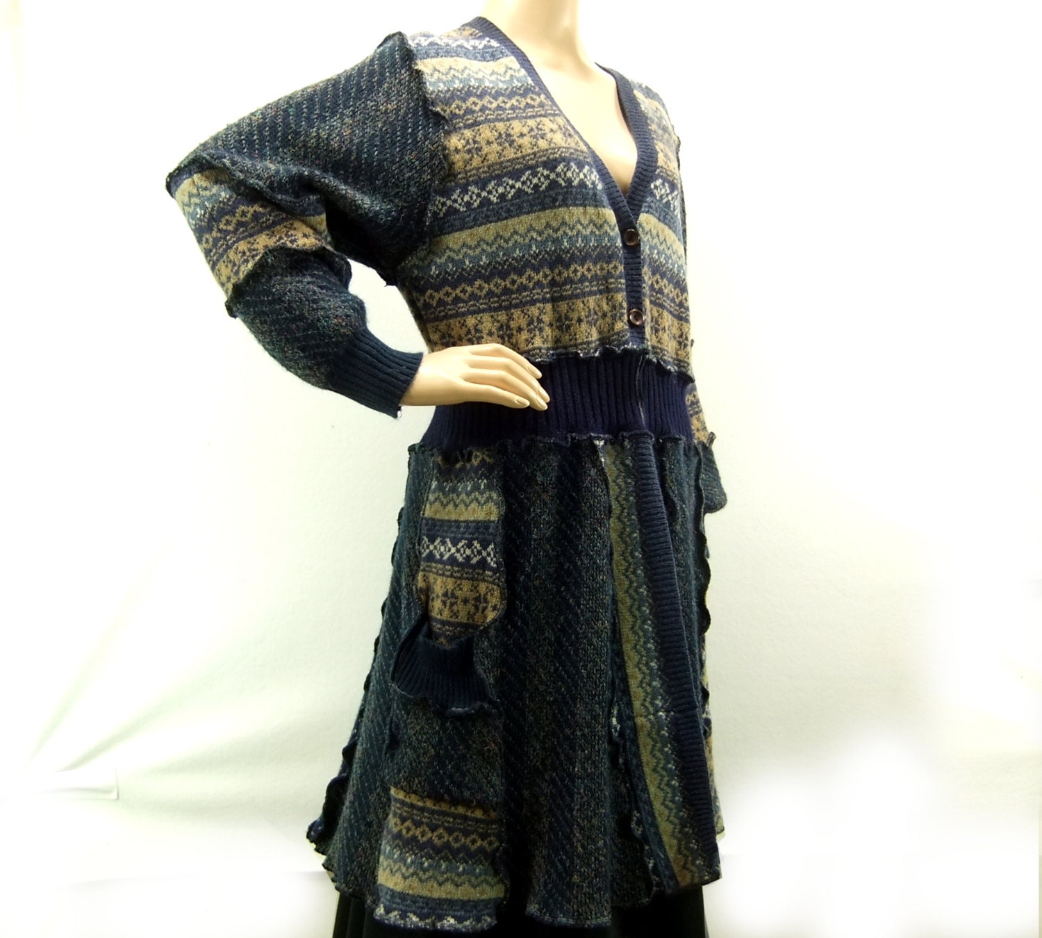 sweater tunic blue and tan small women sweater, nordic cardigan sweater