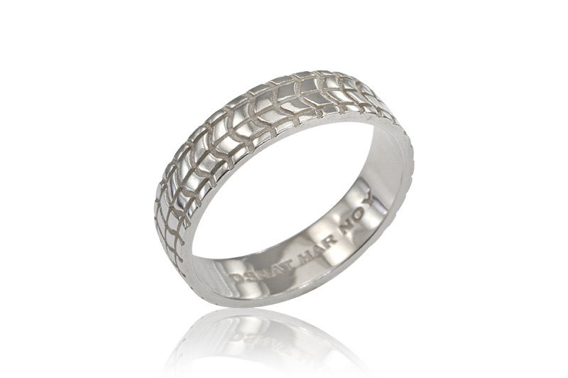 14K White Gold Wedding band Geometric Tire Texture, Fast Free Shipping