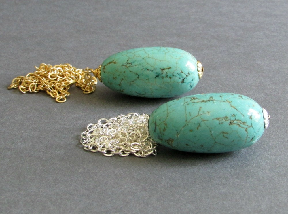 Large Blue Green Magnesite Pendant Necklace / Gemstone Pendant on a Silver Plated or Matte 14k Yellow Gold Plated Chain - Classic No. 4