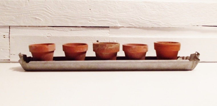 Vintage Metal Planter Chicken Feeder and Five Clay Pots
