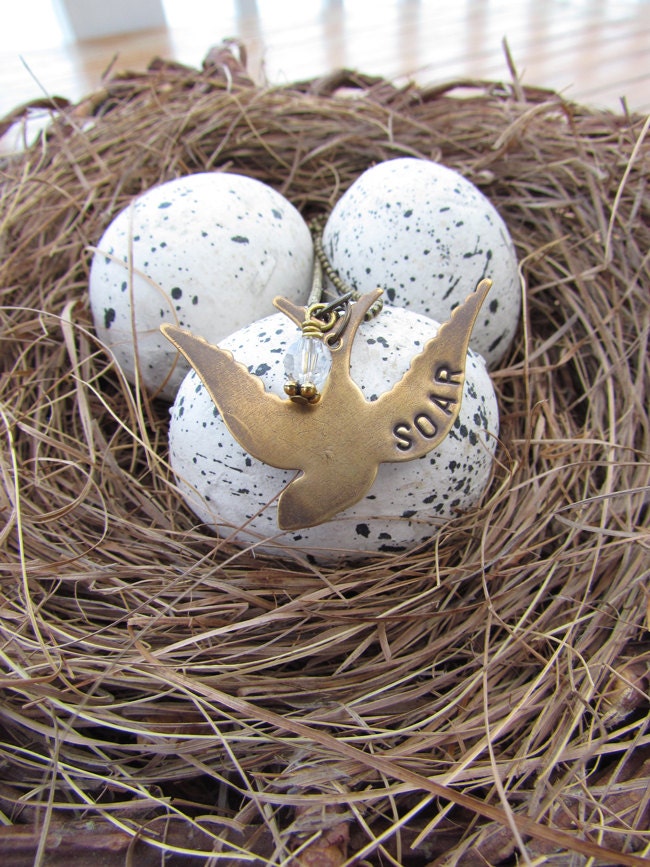 Hand stamped SOAR bird necklace - antique brass with Swarovski crystal