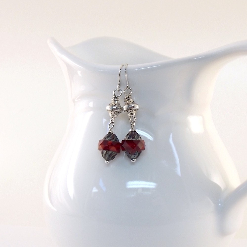 Red Silver Earrings Czech Glass Turbine Beads Antique Silver Beaded Wire Dangle Earrings