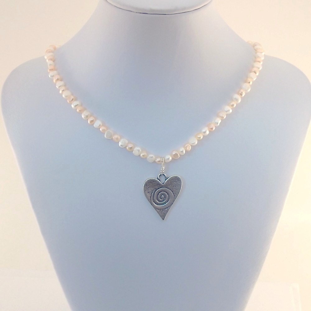 Antique Silver Heart Necklace Cream and Pink Freshwater Pearls Beaded Necklace