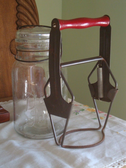 Rural Vintage Jar Grabber or Lifter with Red Wooden Handle - A Country Staple - Primitive Charm