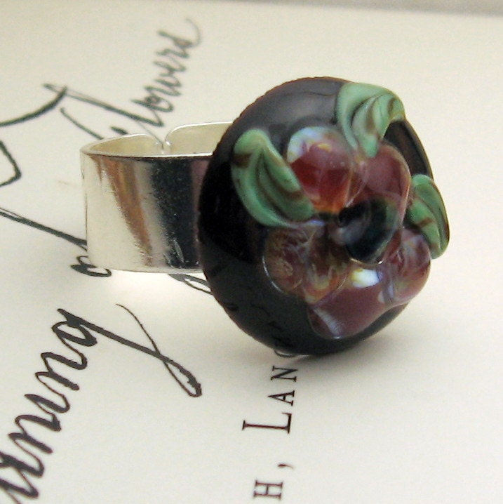 Lampwork Glass Ring - Adjustable Silver with Black Cabochon and Iridescent Flower