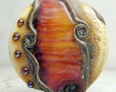 Lampwork Glass Bead Lentil Focal Iridescent Pink Ivory 'Vintage Sunset'