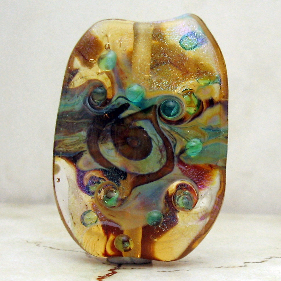 Handmade Lampwork Glass Bead, Organic Focal Bead Dichroic Iridescent Green Blue Purple Gold 'Ancient Seas'
