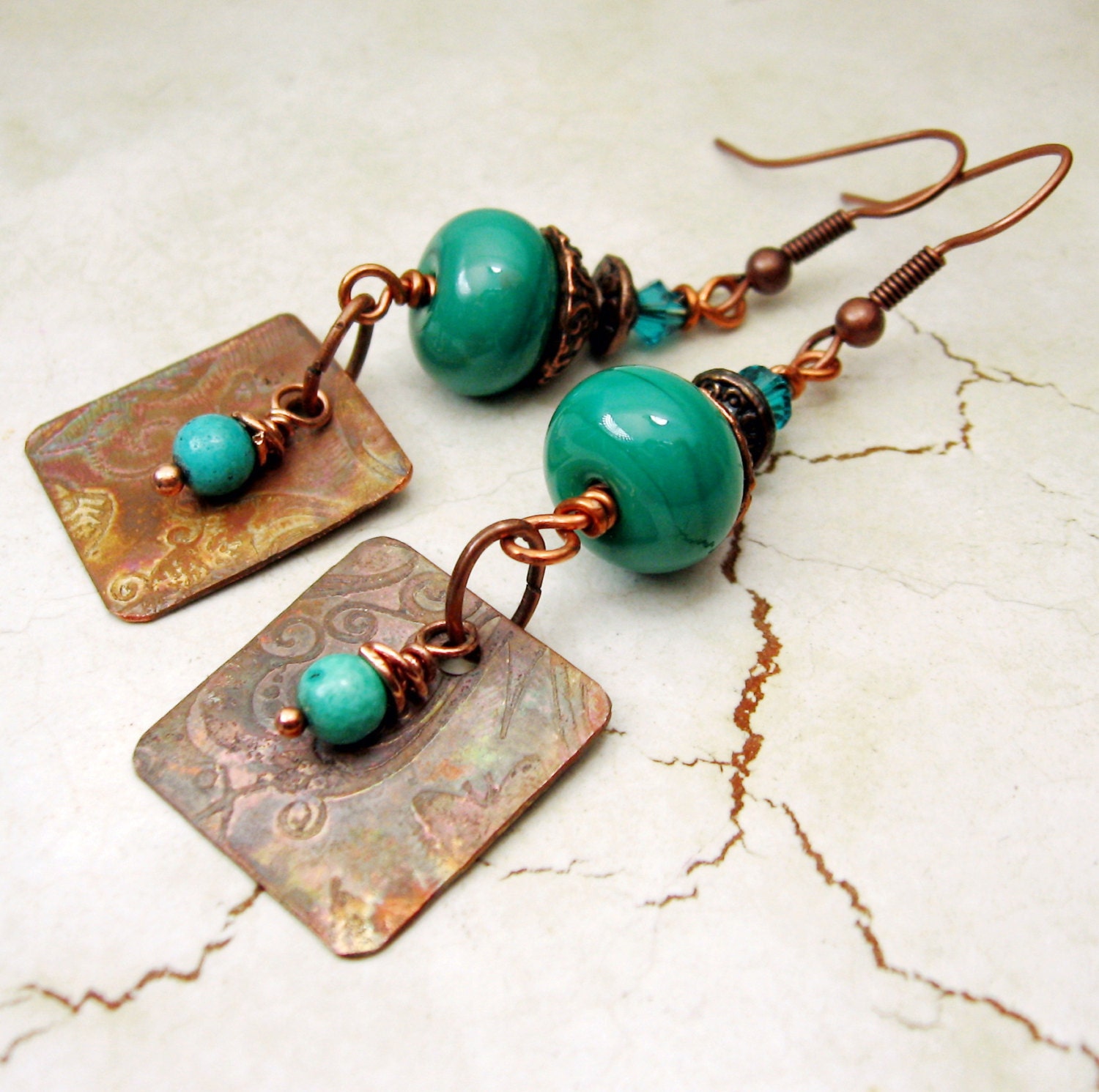 Lampwork Earrings Antique Copper Beaded Jewelry Boho Long Dangle Turquoise Teal 'Before the Rain'