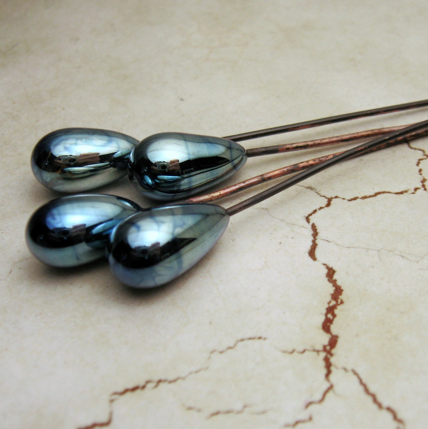 Handmade Lampwork Glass Bead Head Pins Headpins Iridescent Blue on 18Ga Antique Copper Wire