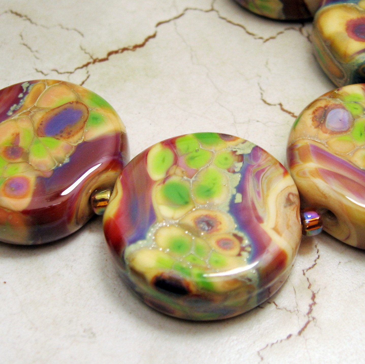 Lampwork Glass Bead Set  SRA Organic Set Gold Green Purple 'Summer Salsa'