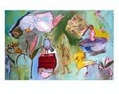 Original Painting large canvas 40x26 abstract expressionist characters girls turquoise red yellow green cobalt blue pink Modern wall Art