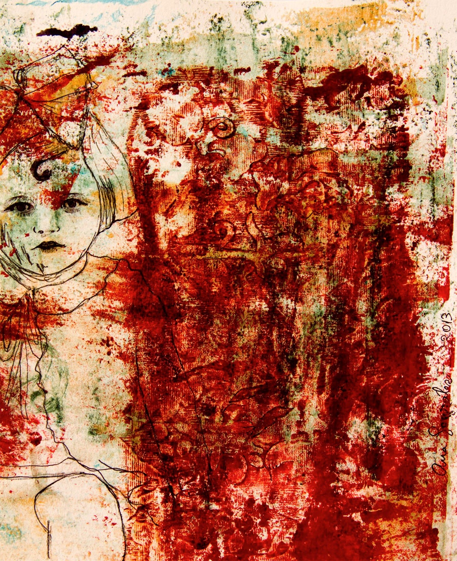 Original Painting paper, 8x10 nursery wall Art, little old girl, red turquoise green black drawing ink Spanish Modern Art