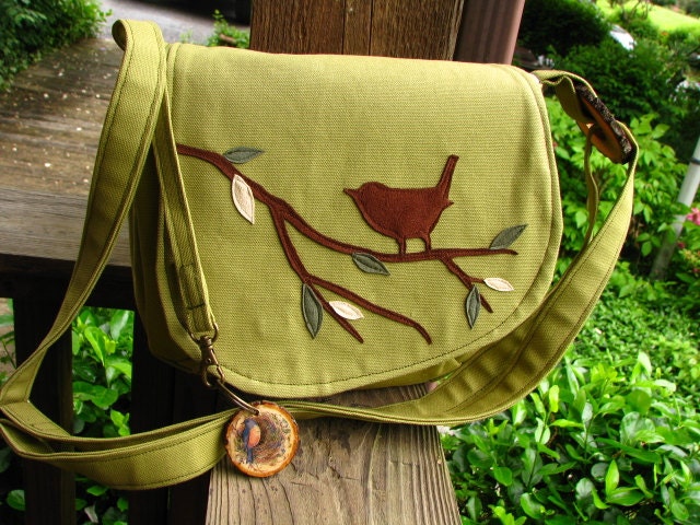 Mini Bird on a Limb purse /shoulder bag / tote /handbag / olive green /adjustable strap, key chain / 7 pockets