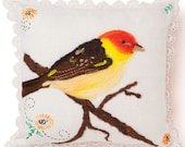 Needle Felt and Embroidered Bird Pillow: Western Tanager Bird