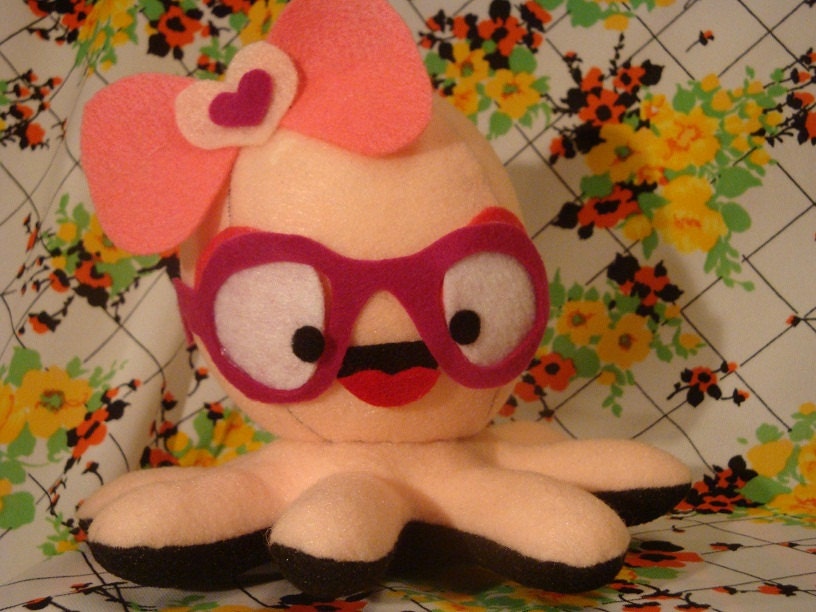 Pinky Pie the Girlie Octopus in Pink and Black with Cute Hair Bow and Glasses Detail - Kawaii - Sea Creature - Under the Sea
