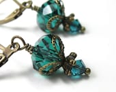 Vintage Style Earrings, Dangle Earrings, Faceted Bellatrix Rondelles, Teal Blue Zircon Swarovski, Womens Accessories, Antiqued Brass
