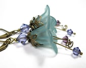 Vintage Style Purple Teal Lucite Flower Dangle Earrings, Gifts for Gardeners, For Her, Womens Accessories, Swarovski Jewelry, Grayed Jade