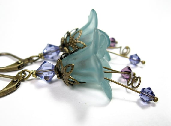 Vintage Style Purple Teal Lucite Flower Dangle Earrings, Gifts for Gardeners, For Her, Womens Accessories, Swarovski Jewelry, Grayed Jade