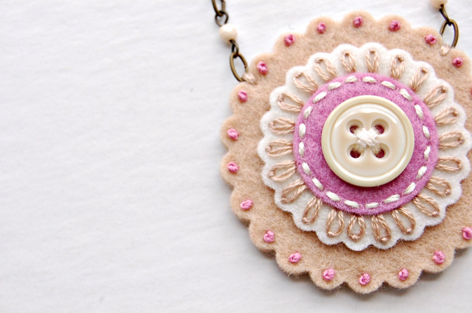 Lacy Petals Embroidered Fiber Necklace in Antique Pink