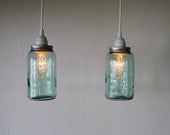 Pair of Antique Aqua Blue BALL Mason Jar Hanging Lighting Fixtures - 2 Upcycled Pendant Lamps - BootsNGus Lights