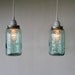 Pair of Antique Aqua Blue BALL Mason Jar Hanging Lighting Fixtures - 2 Upcycled Pendant Lamps - BootsNGus Lights