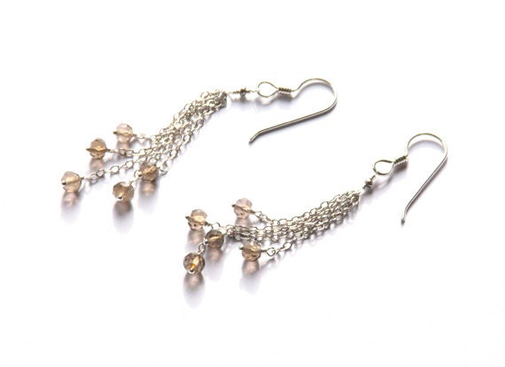 Meteor shower smoky quartz sterling silver chain long dangle earrings- brown taupe gemstone chain earrings- space- geek chic- modern