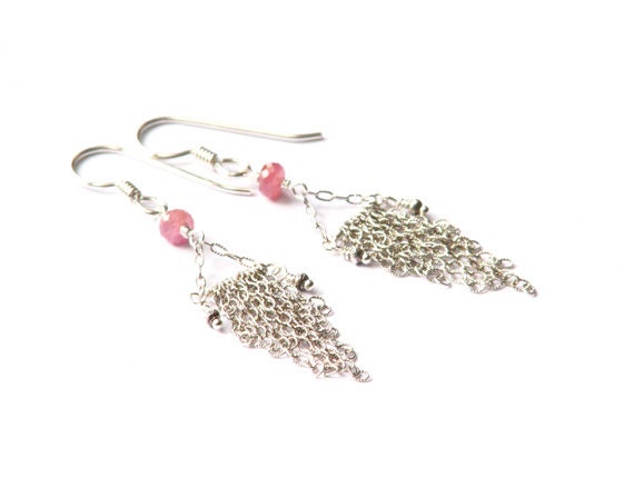 Lady of Shalott pink sapphire and sterling silver chandelier earrings- gemstone and chain triangle earrings- boho- geometric- romantic