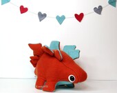 Eco Plush Stegosaurus Dinosaur in Coral Orange Wool with Teal Accents - Handmade with Upcycled, Recycled, & Eco Friendly Materials