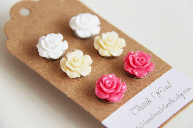 3 Pairs-White. Ivory Cream. Medium Pink. Acrylic Resin Rose Ear Studs Post. Weddings. Spring. Light . Floral (Set 1)