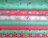 Japanese, Lecien FOLK TALE by Natalie Lymer, Cinderberry Stitches, Aqua & Pink, 1/2 Yard Bundle of 6