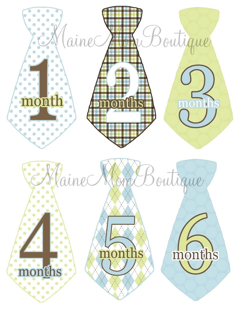 TWIN set of 2  Monthly Onesie Stickers Boy Neck Tie Brown Green Blue Argyle Plaid Stripes Necktie   UNCUT 1-12 Months GIFT