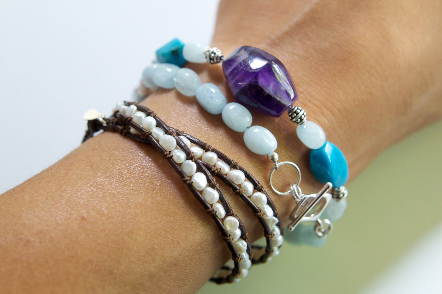 Sterling Silver Amethyst and Aquamarine Beaded Bracelet