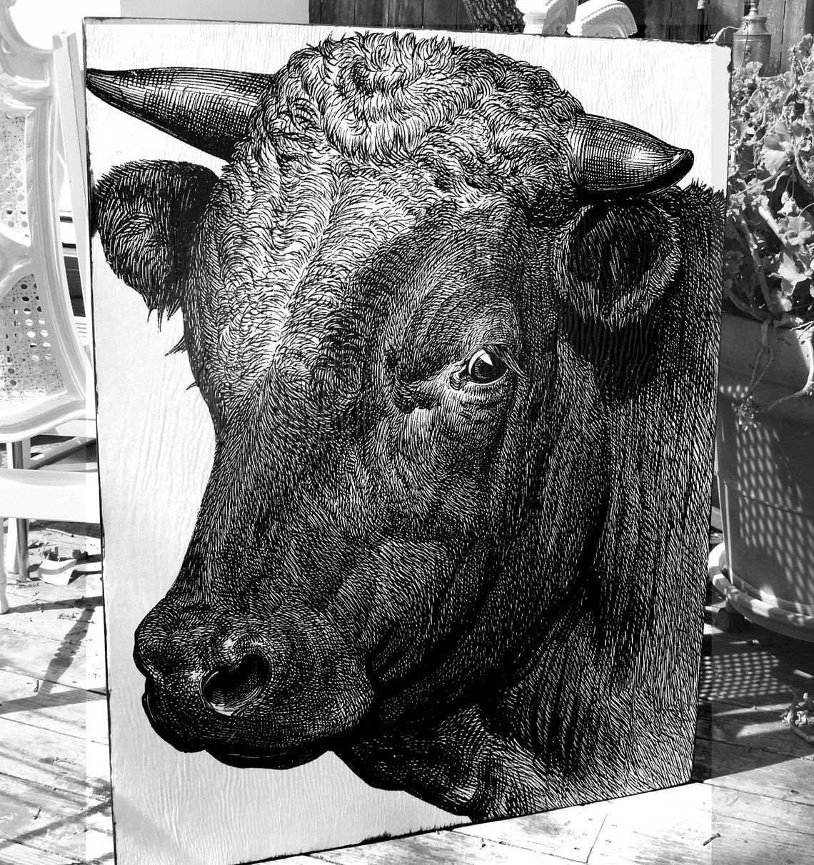 BULL - 30x36 - Farmhouse Chic - French Country - reclaimed wood - RuPiper Designs Original
