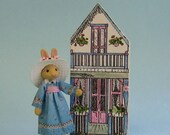 Miniature dressed bunny rabbit lady for 1/4" or doll for 1" scale plus free dollhouse kit